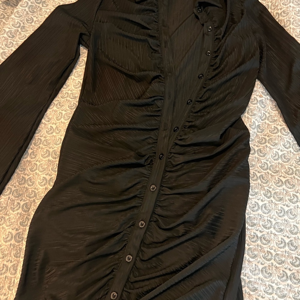 SHEIN Black Ruched Button-Front Long Sleeve Dress